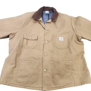 Vintage Carhartt Coat Mens 52 Brown Canvas Blanket Lined Snap Workwear USA